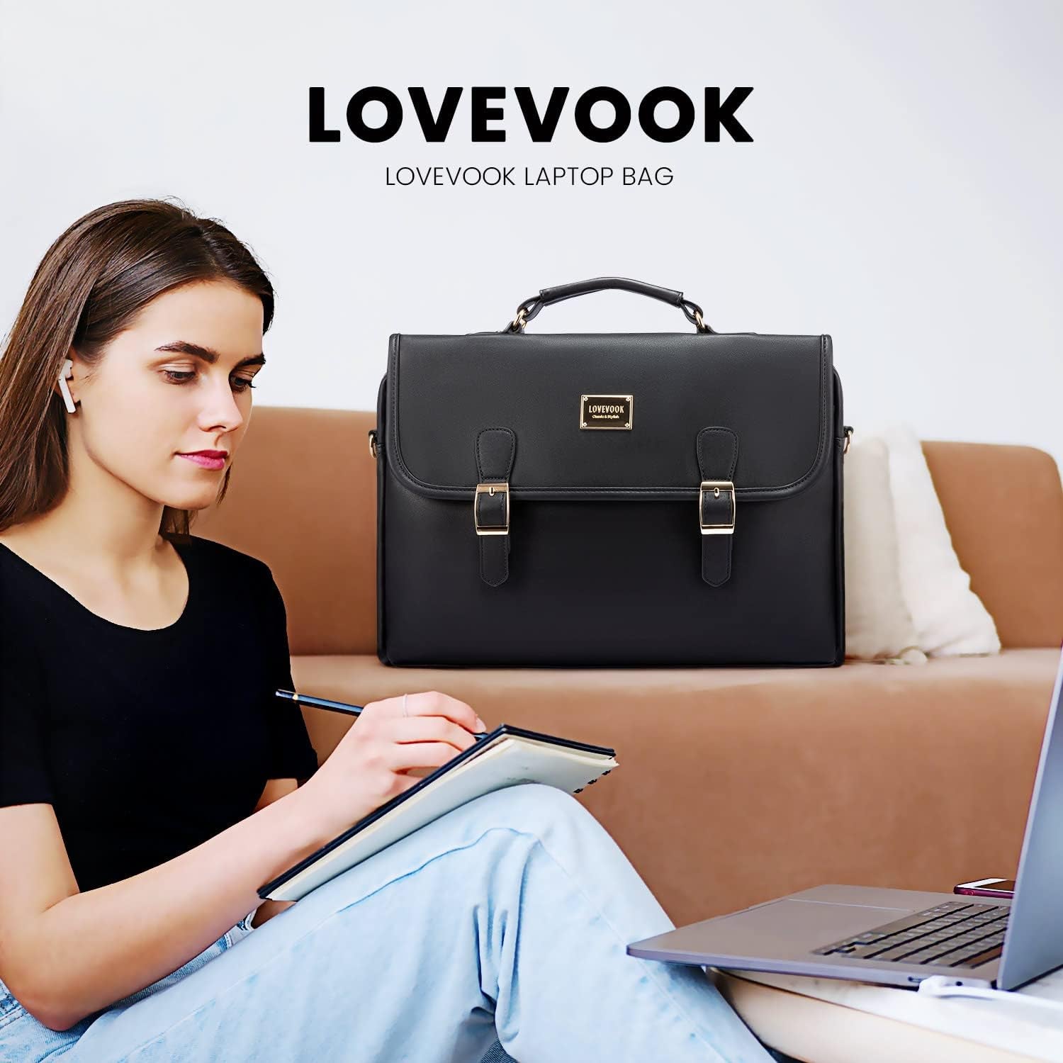 Computer Bag Laptop Bag for Women Cute PU Laptop Messenger Bag for Work College,Black