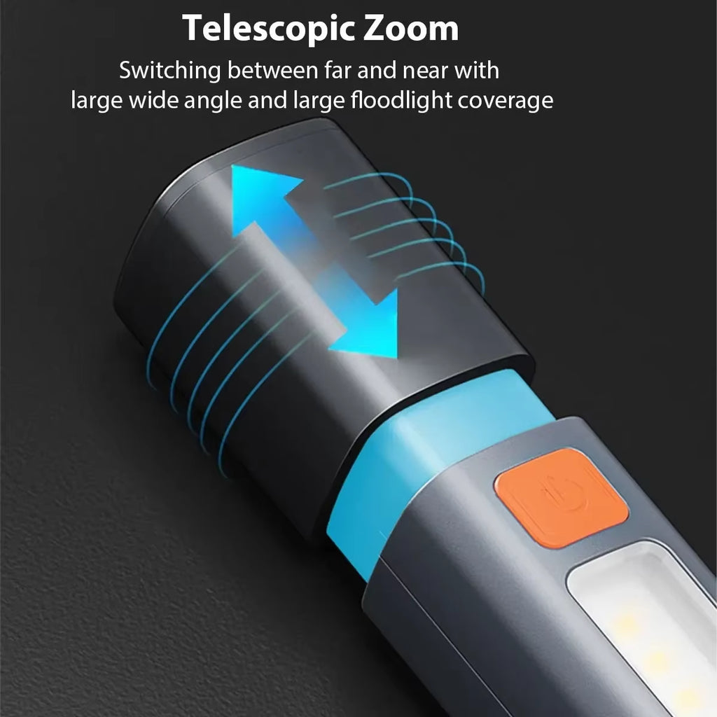 Strong Lighting ABS Flashlamp USB Charging Portable Outdoor EDC Torch Camping Hanging Flashlights Telescopic Focus COB Side Lamp